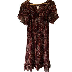 Sundance Dress Midi 100% Silk Floral Burgundy Tulip‎ Sleeve Romantic Boho Size S